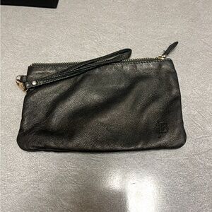 Black Leather Wristlet with Gold Zipper